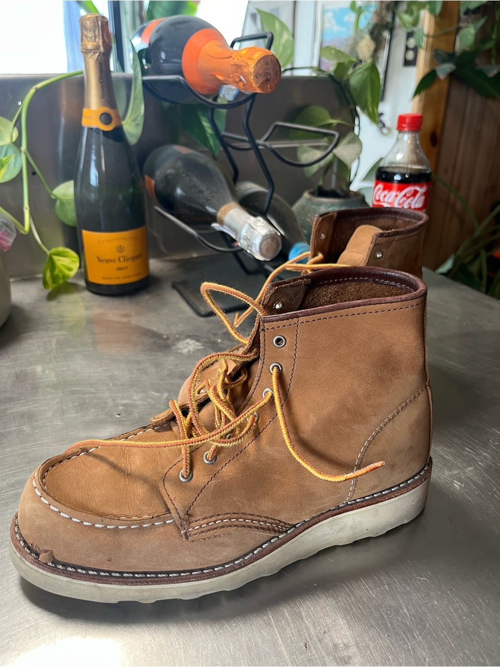 Redwings Tan Leather Moc Toe Work Boots with White Wedge Sole